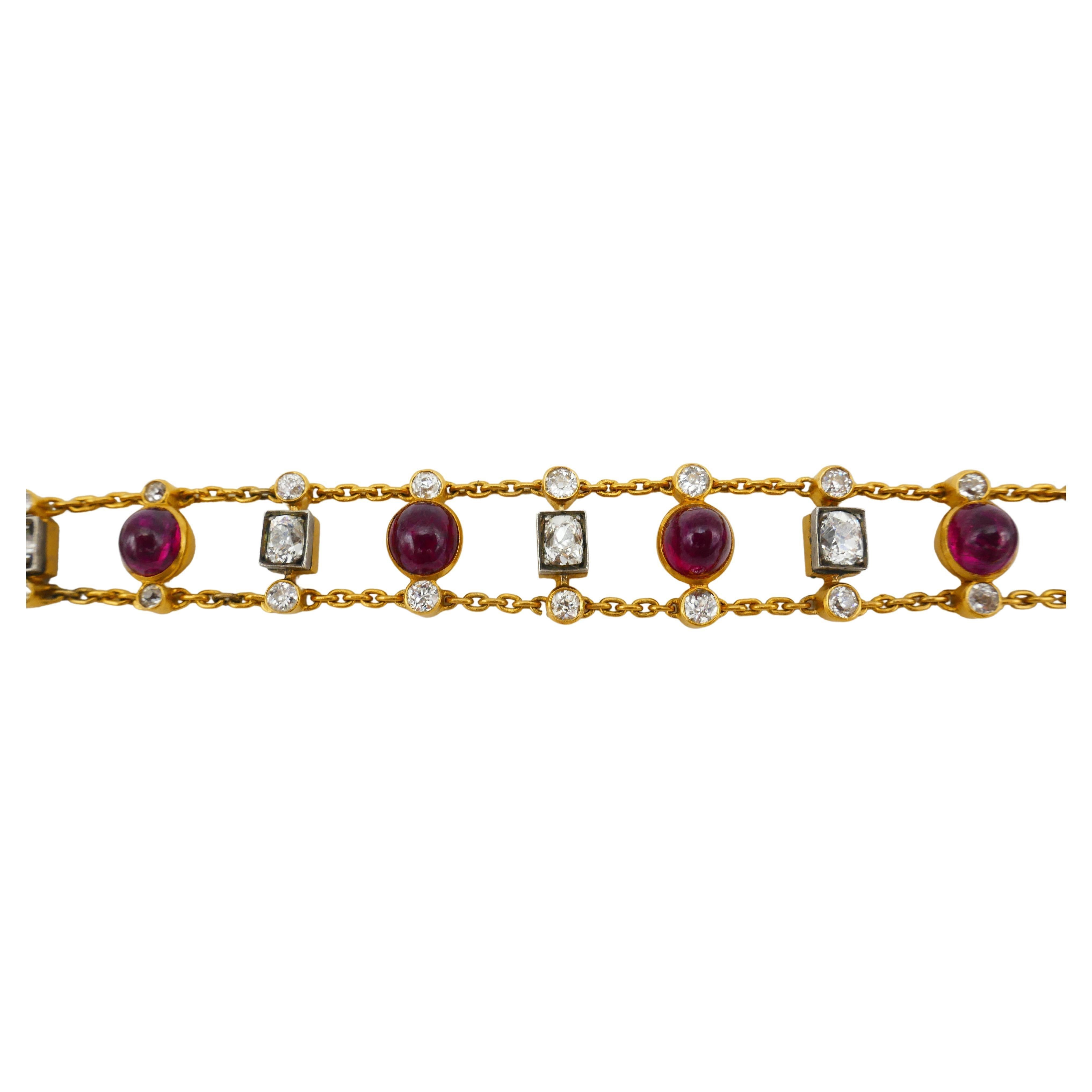 Antique Ruby Diamond Gold Chain Bracelet For Sale 1