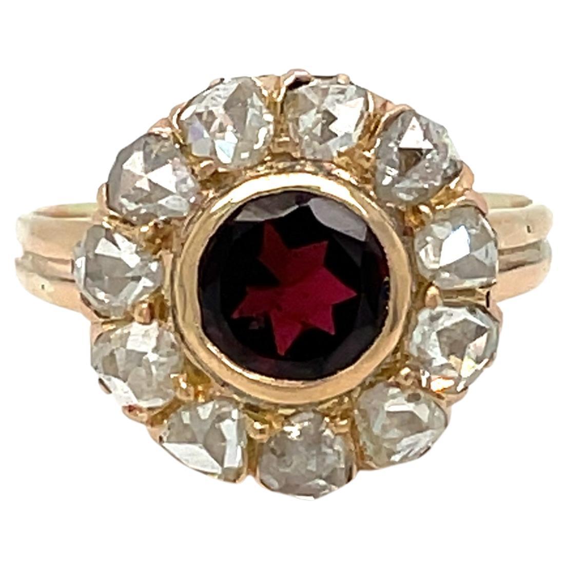 Antique Garnet Diamond Gold Cluster Ring