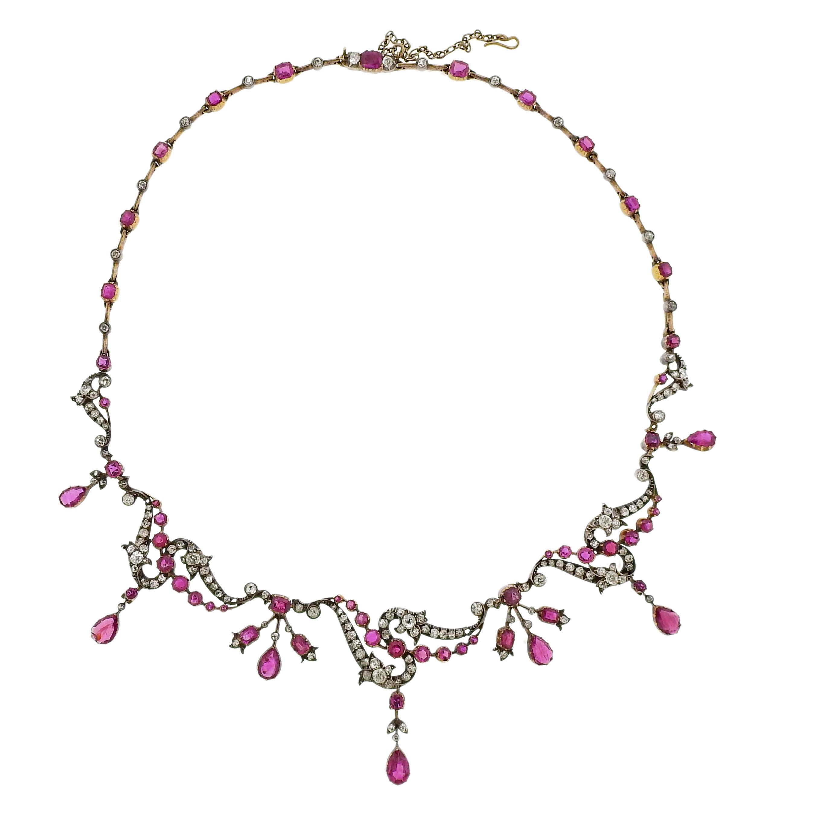 Antique Ruby Diamond Gold Silver Necklace