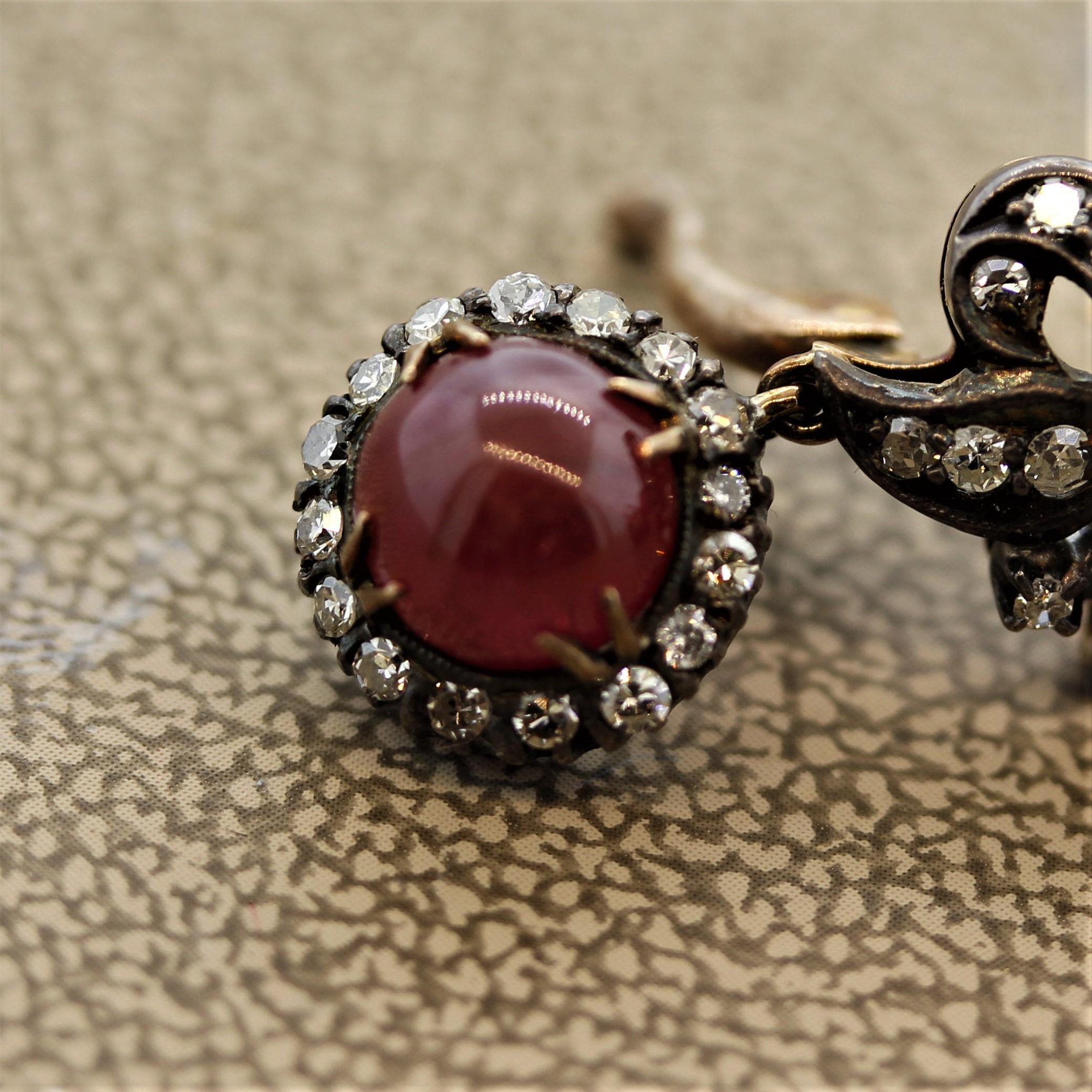 Mixed Cut Antique Ruby Diamond Gold and Silver-Topped Drop Earrings