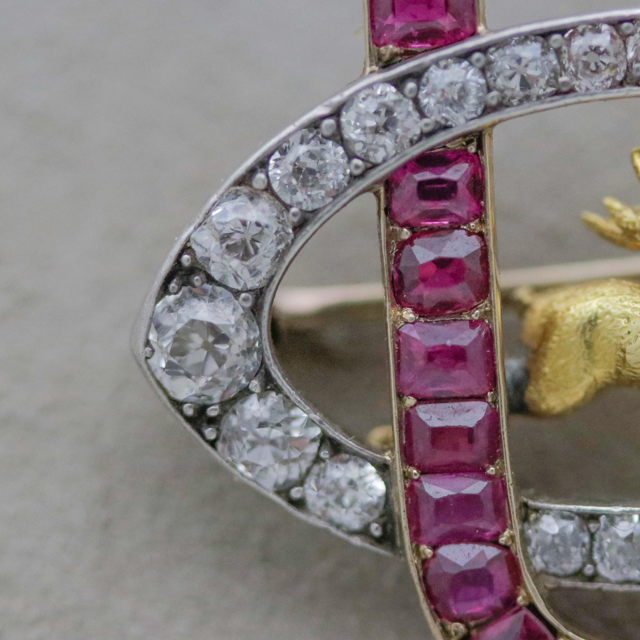 Mixed Cut Antique Ruby Diamond Gold-Stag Brooch, Circa 1890 For Sale