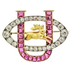 Antique Ruby Diamond Gold-Stag Brooch, Circa 1890