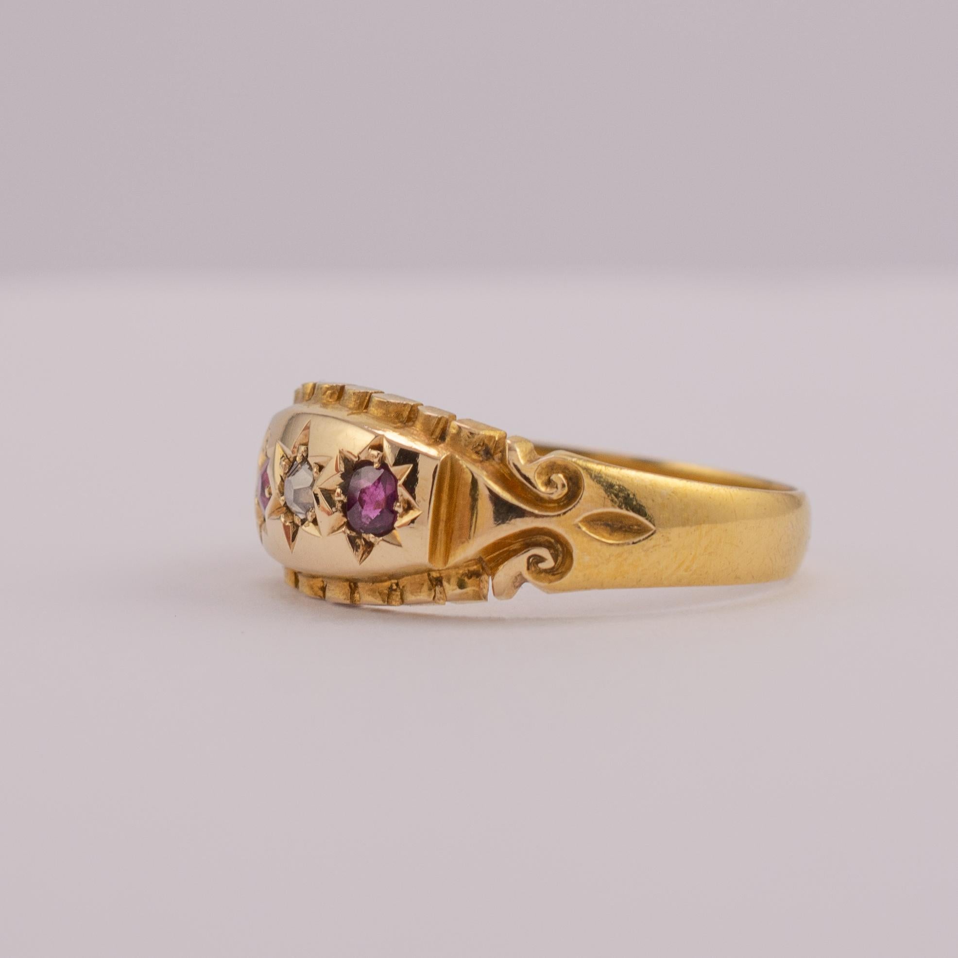 Edwardian Antique Ruby Diamond Gypsy Ring 18 Karat Gold Hallmarked Chester, 1900