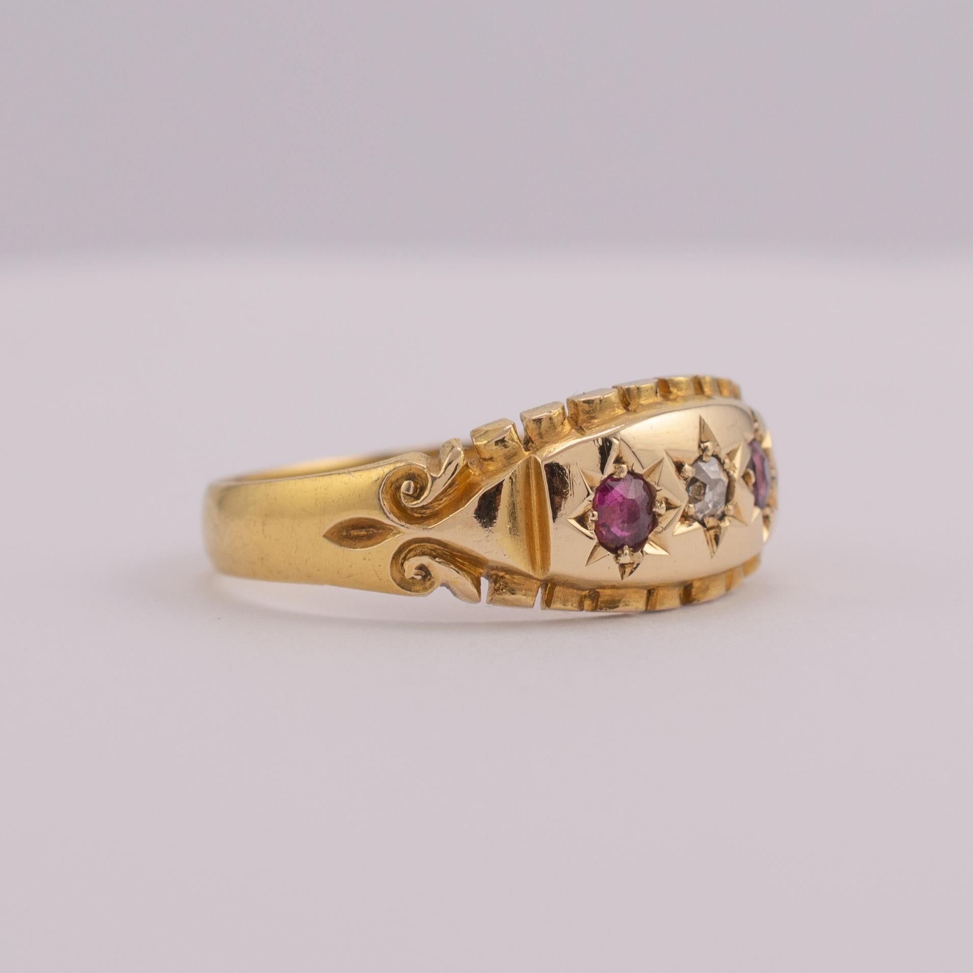 Women's Antique Ruby Diamond Gypsy Ring 18 Karat Gold Hallmarked Chester, 1900