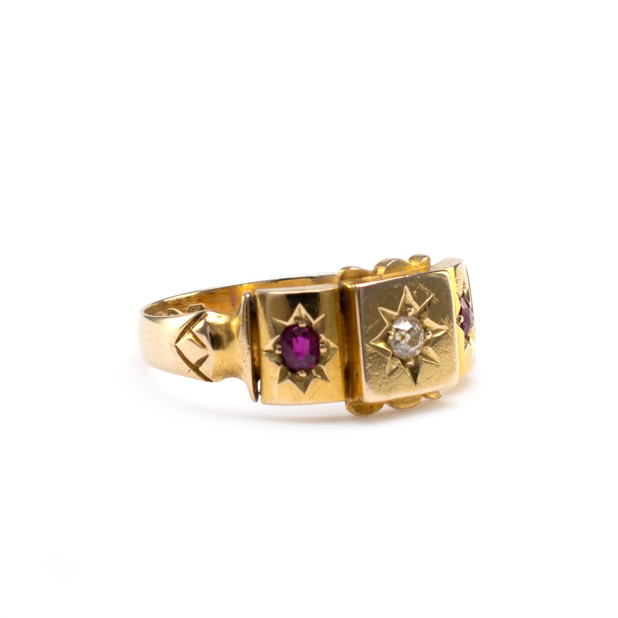 Antique Ruby and Diamond Gypsy Ring 18 Karat Yellow Gold Hallmarked Chester 1901 In Good Condition In Preston, Lancashire