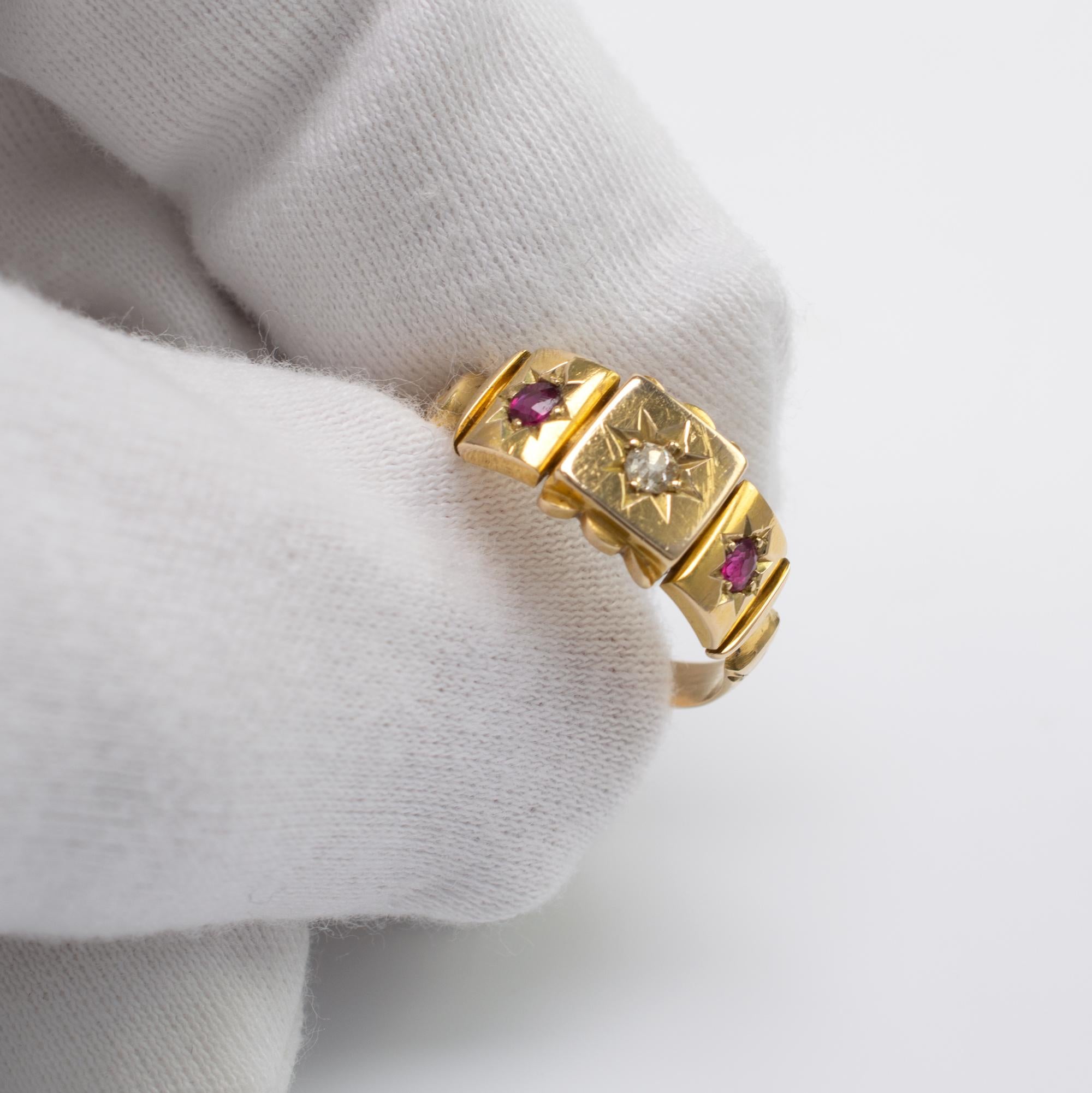 Antique Ruby and Diamond Gypsy Ring 18 Karat Yellow Gold Hallmarked Chester 1901 1