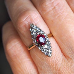 Antique Ruby & Diamond Navette Ring, Natural Unheated, 18K Gold French - c.1890