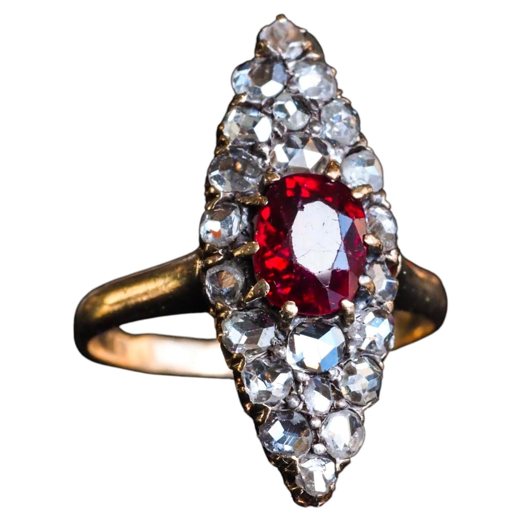 Antique Ruby & Diamond Navette Ring, Natural Unheated, 18K Gold French - c.1890