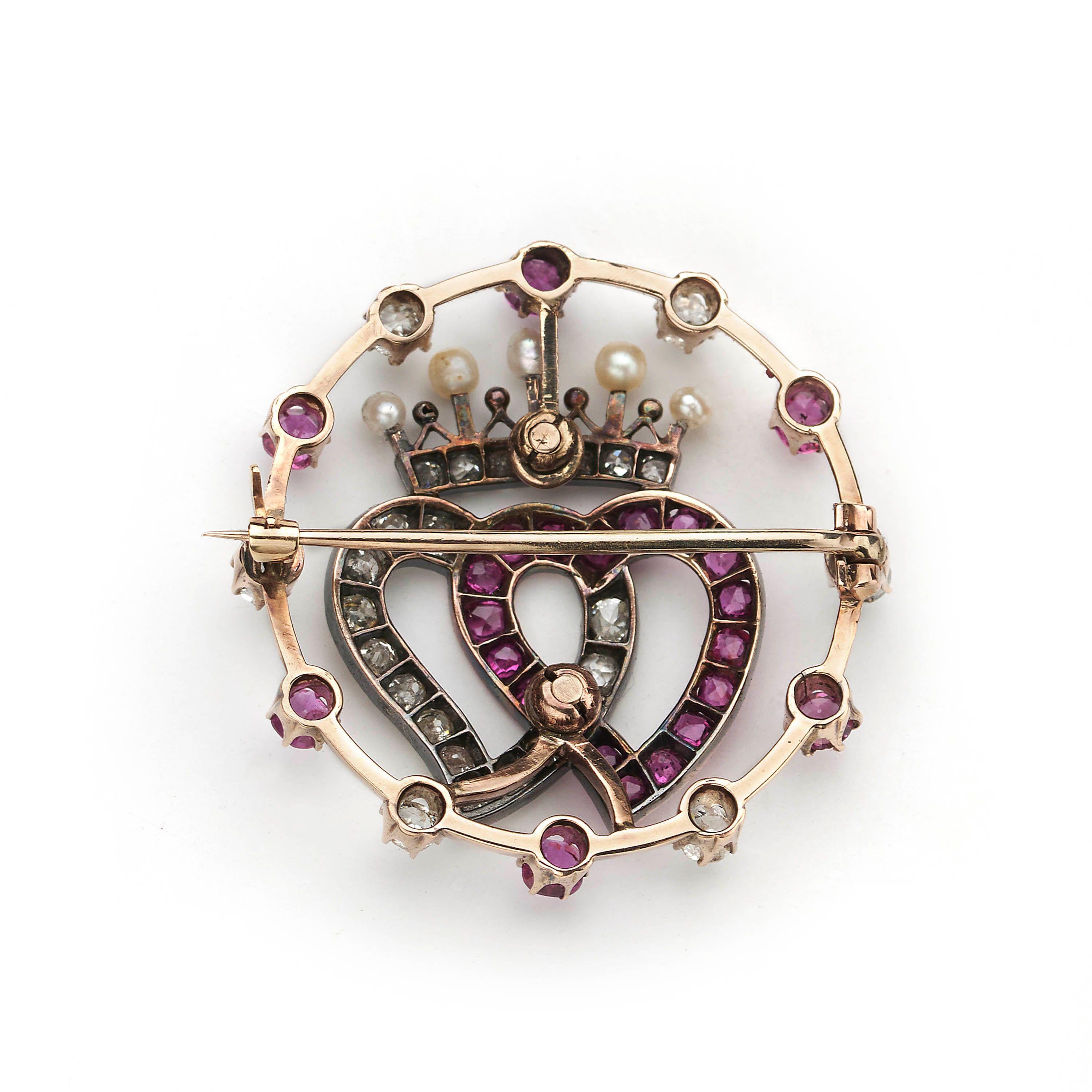 Edwardian Antique Ruby, Diamond, Pearl Luckenbooth Heart Crown Circle Brooch, Circa 1910 For Sale