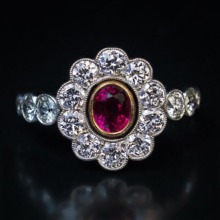 Antique Ruby Diamond Platinum Engagement Ring For Sale at 1stdibs