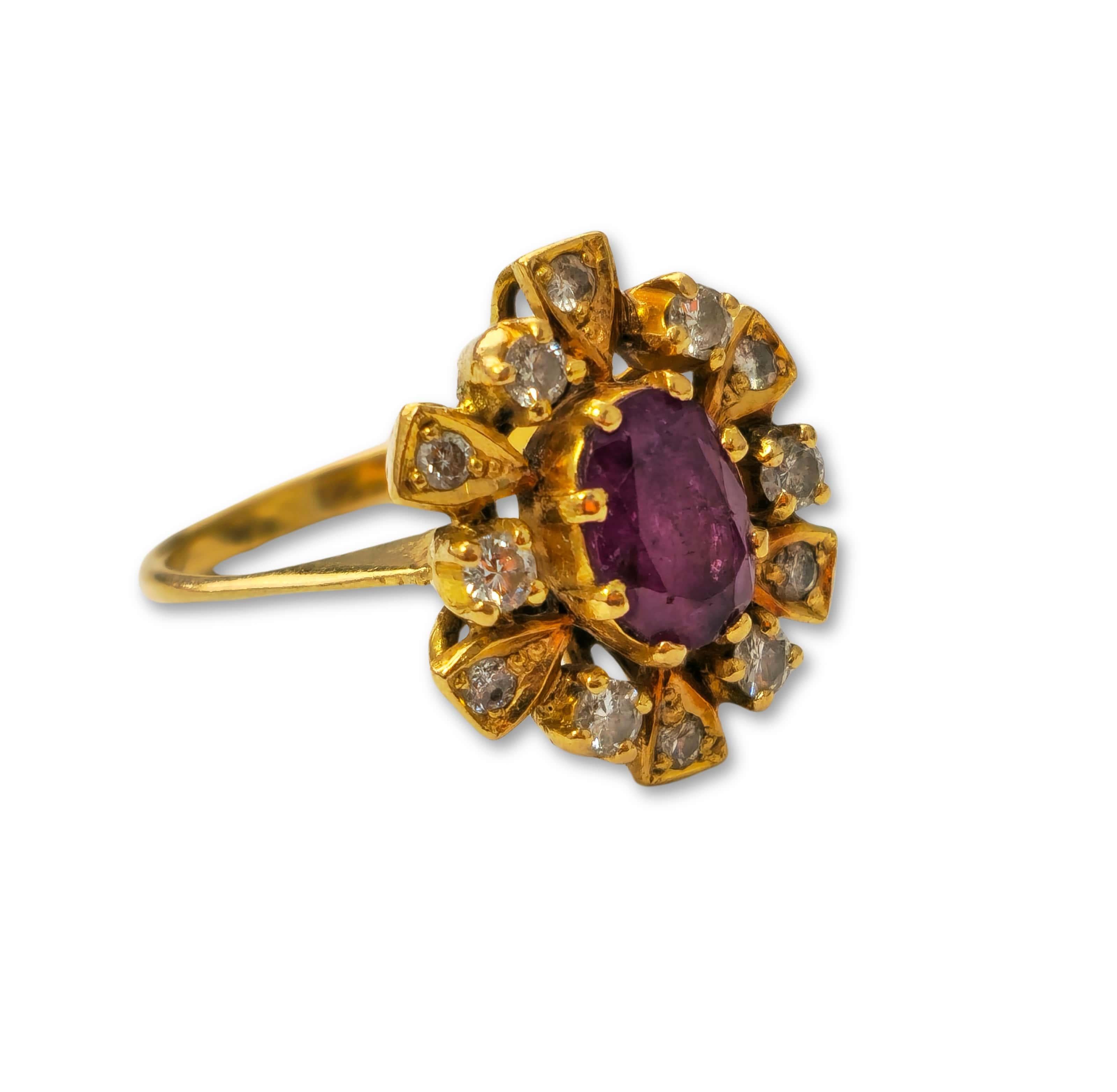 Single Cut Antique Ruby & Diamond Ring in 18k Yellow Gold For Sale
