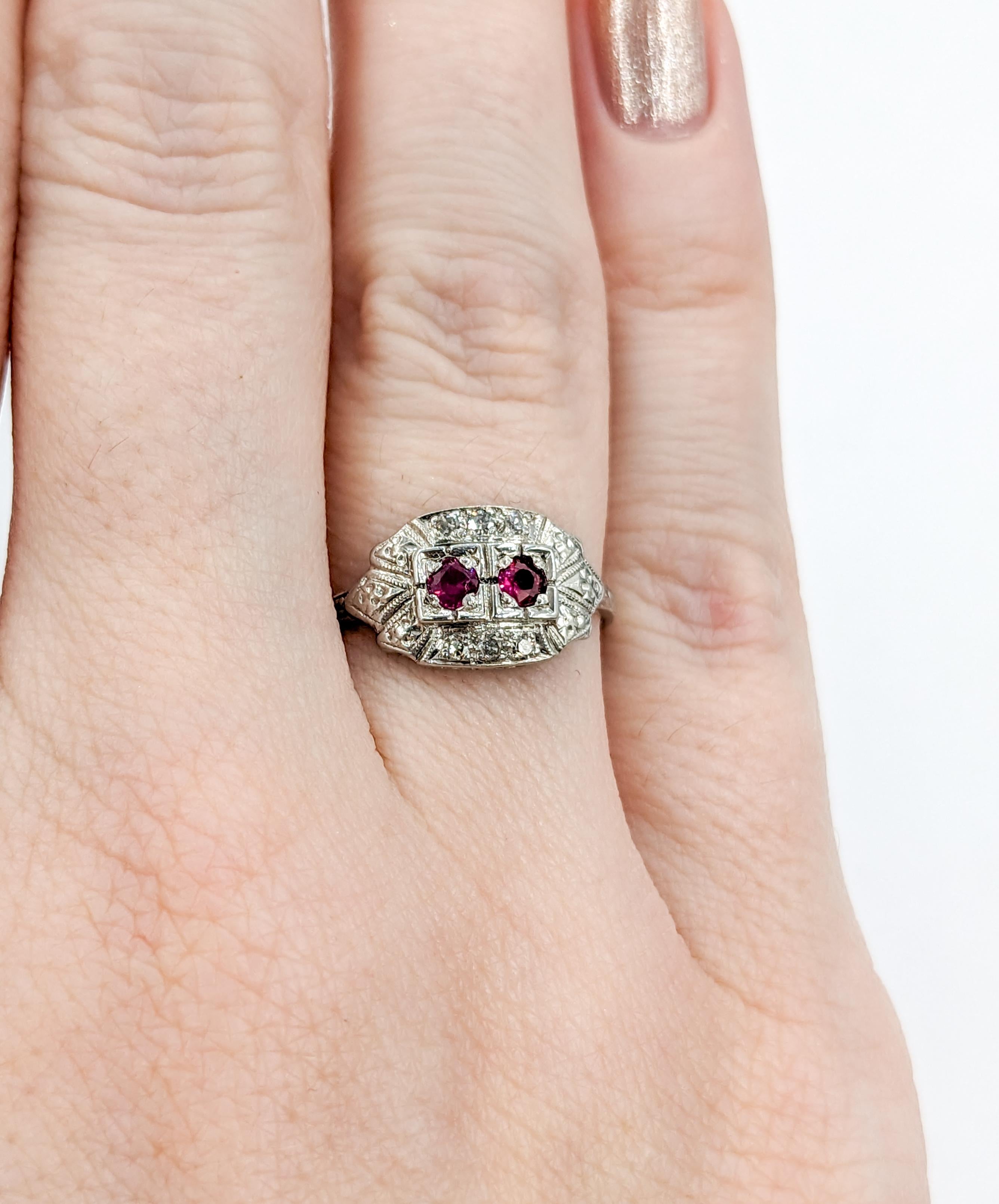 Round Cut Antique Ruby & Diamond Ring in Platinum For Sale