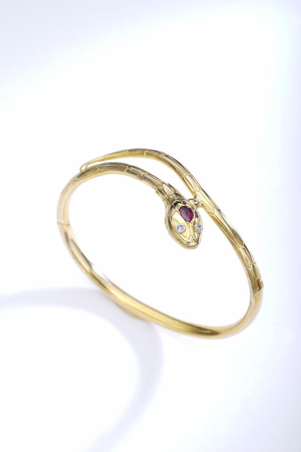 Victorian Antique Ruby Diamond Rose Cut Yellow Gold Snake Bangle Bracelet