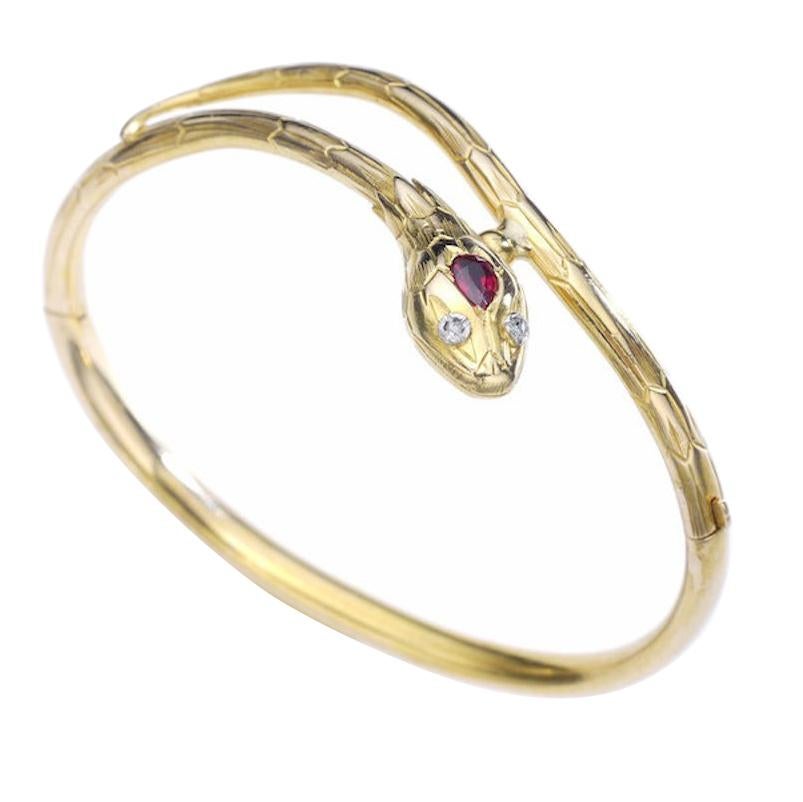 Women's or Men's Antique Ruby Diamond Rose Cut Yellow Gold Snake Bangle Bracelet