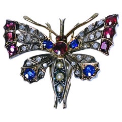 Antique Ruby, Diamond, Sapphire and Pearl Butterfly Brooch Pendant, C.1875
