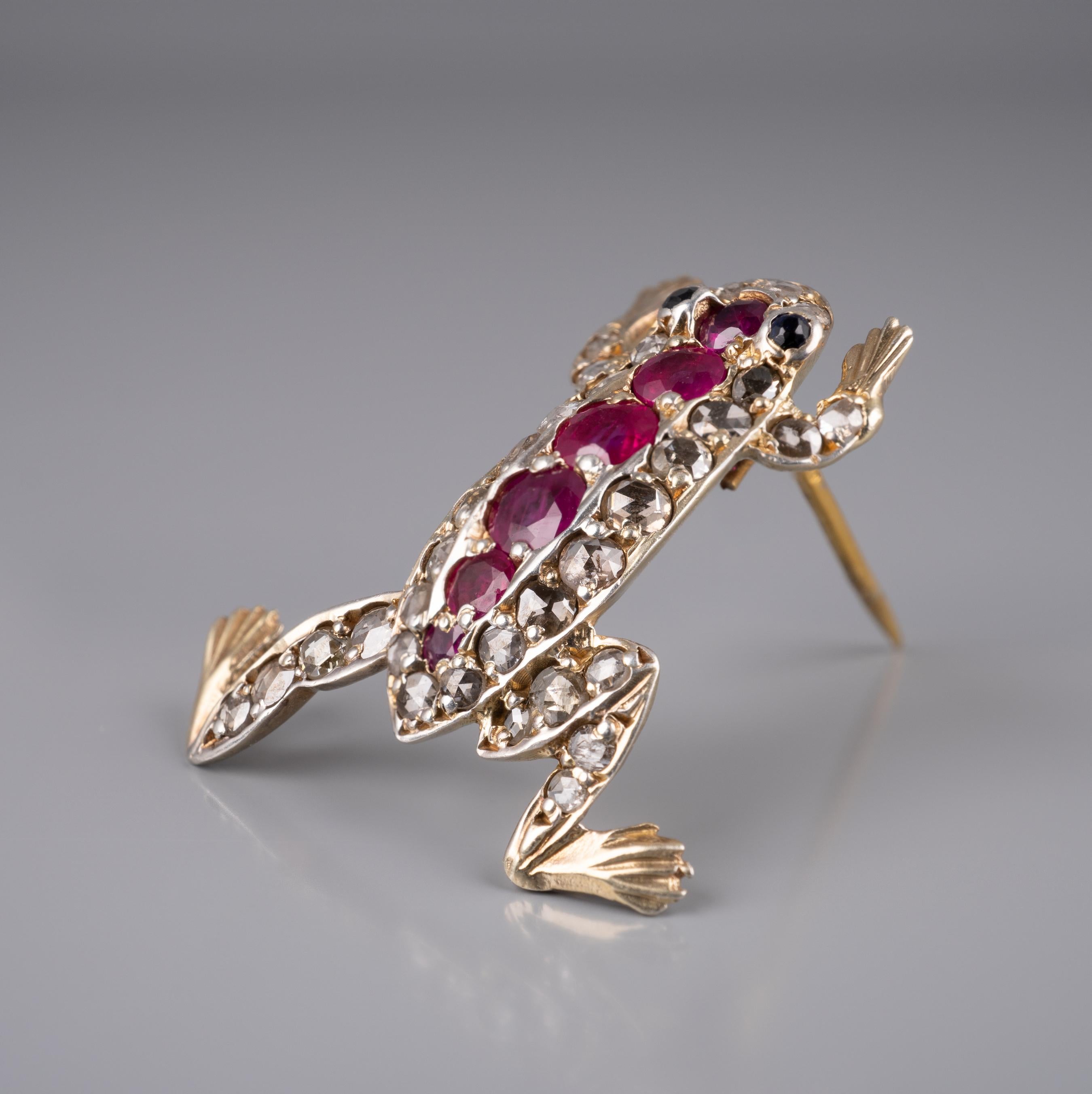 Rose Cut Antique Ruby Diamond and Sapphire Cute Frog Brooch 14 Karat Gold