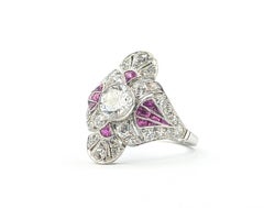 Antique Ruby & Diamond Scalloped Cross Ring in Platinum