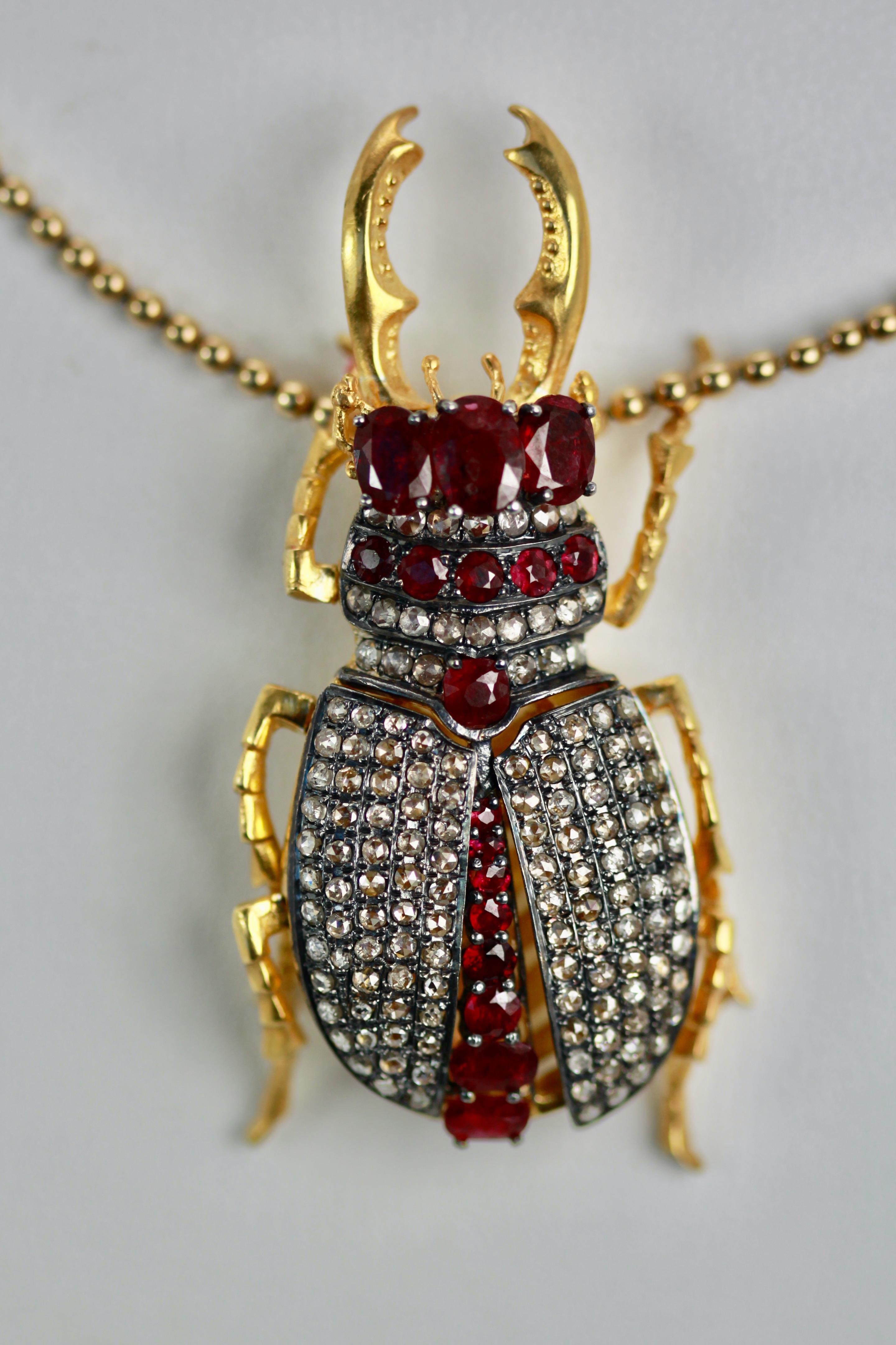 Aesthetic Movement Antique Ruby Diamond Scarab Brooch Pendant