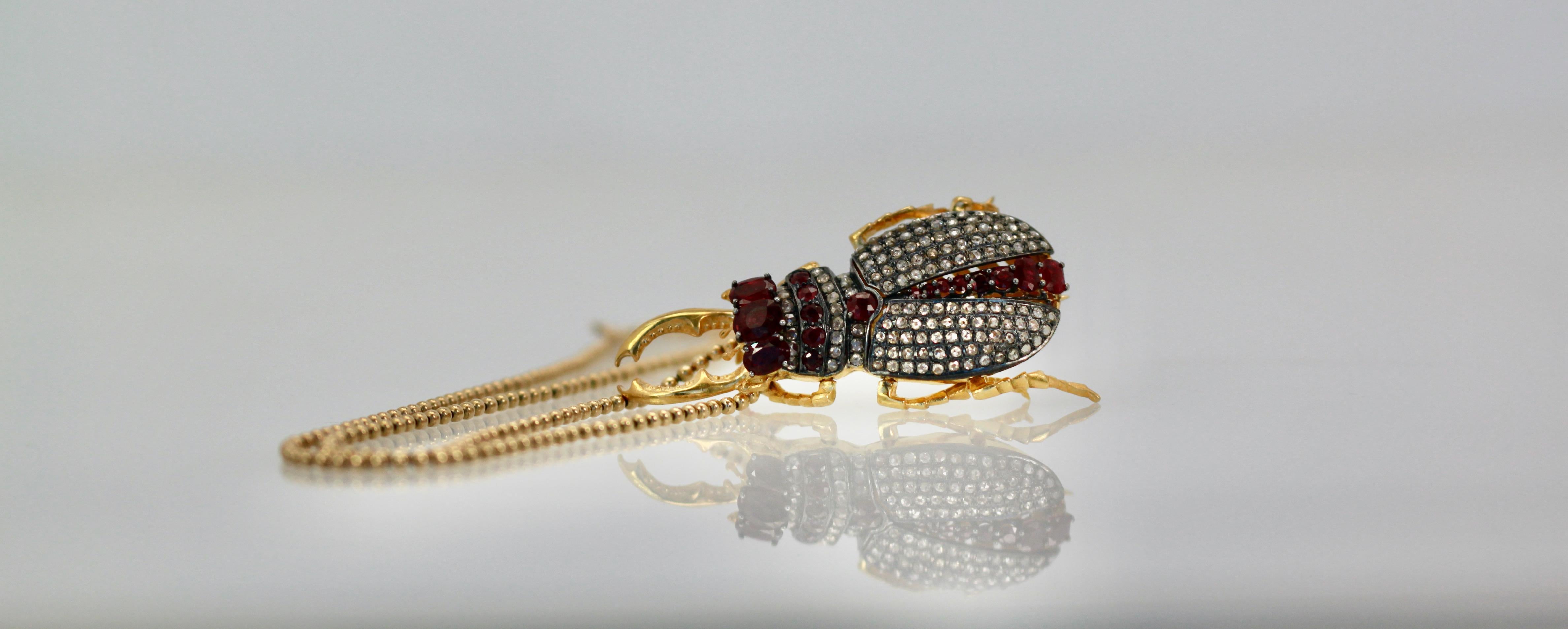 Oval Cut Antique Ruby Diamond Scarab Brooch Pendant