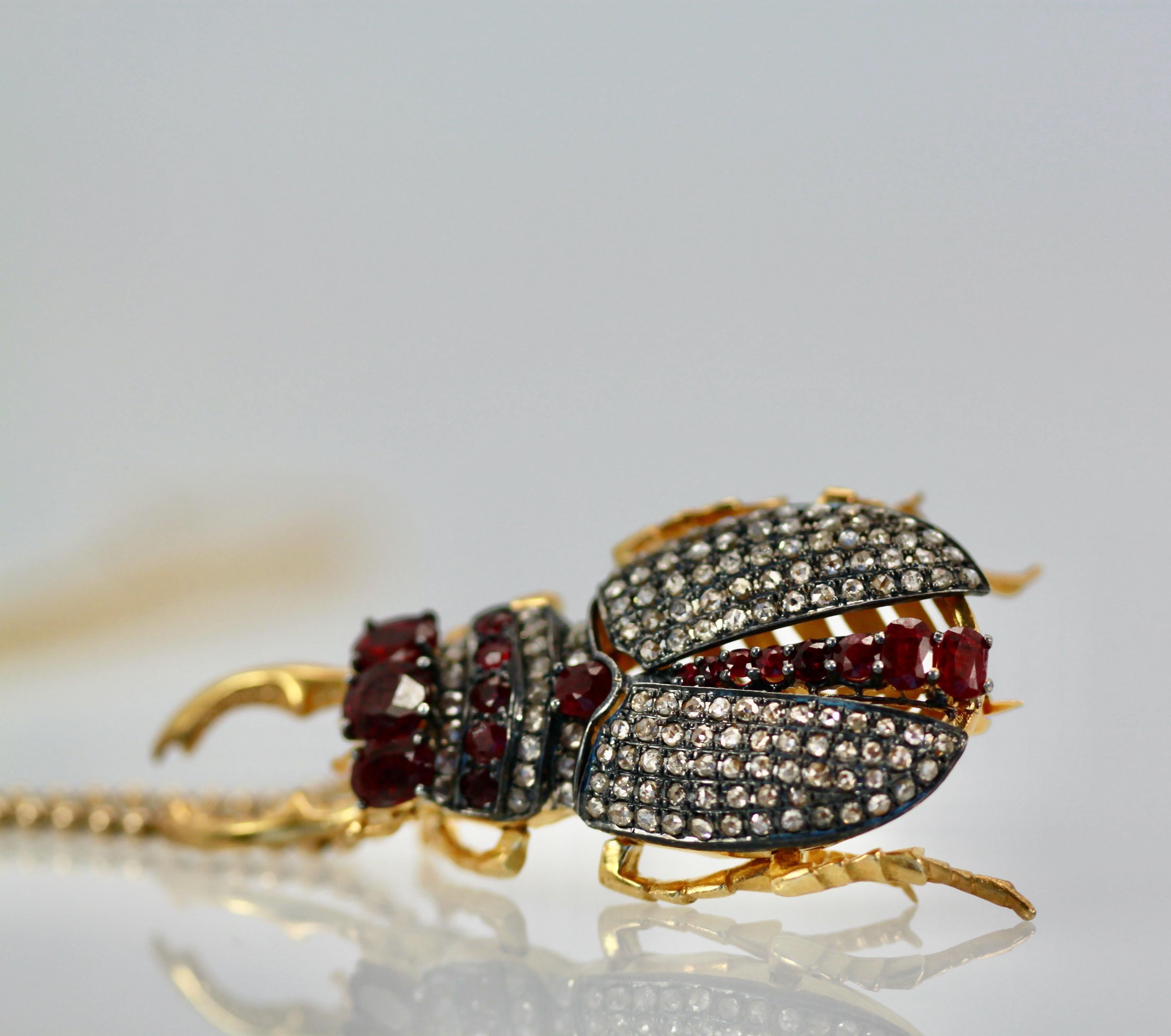 Antique Ruby Diamond Scarab Brooch Pendant In Good Condition In North Hollywood, CA