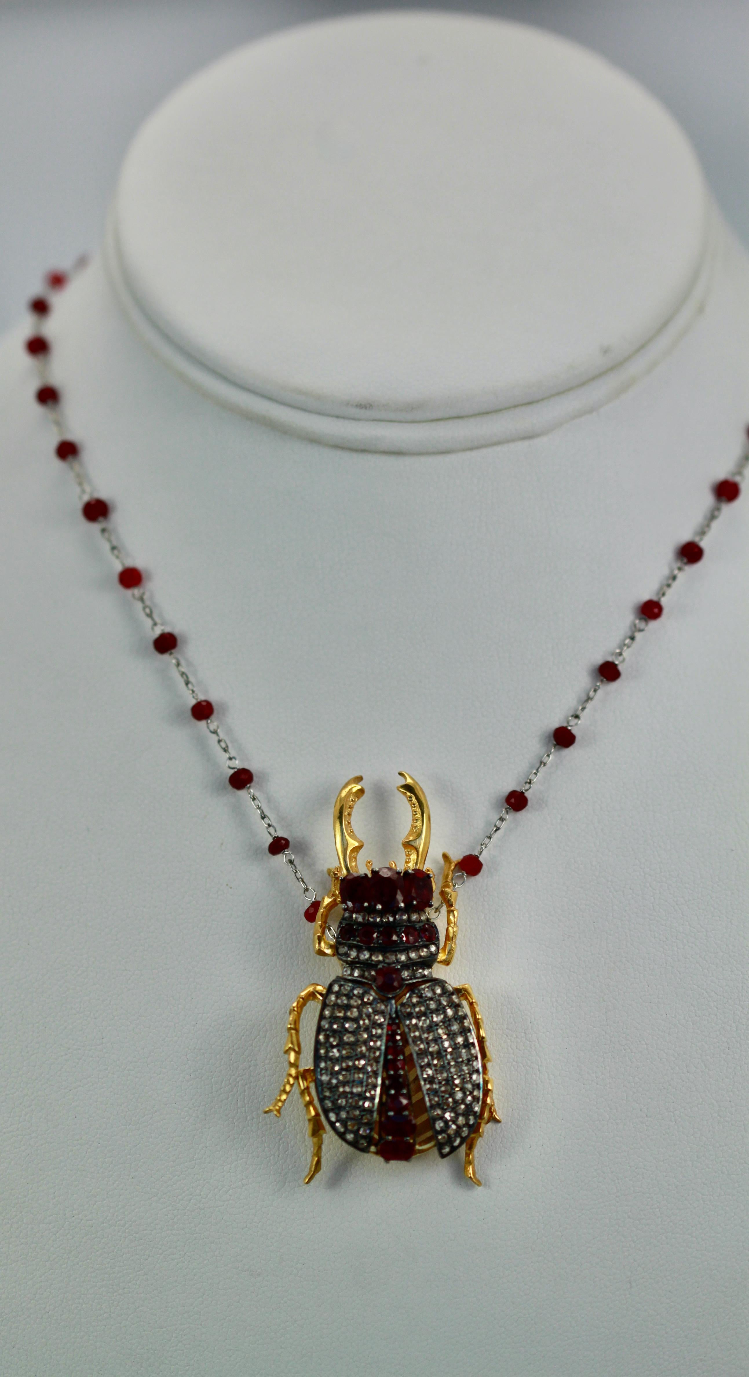 Women's or Men's Antique Ruby Diamond Scarab Brooch Pendant