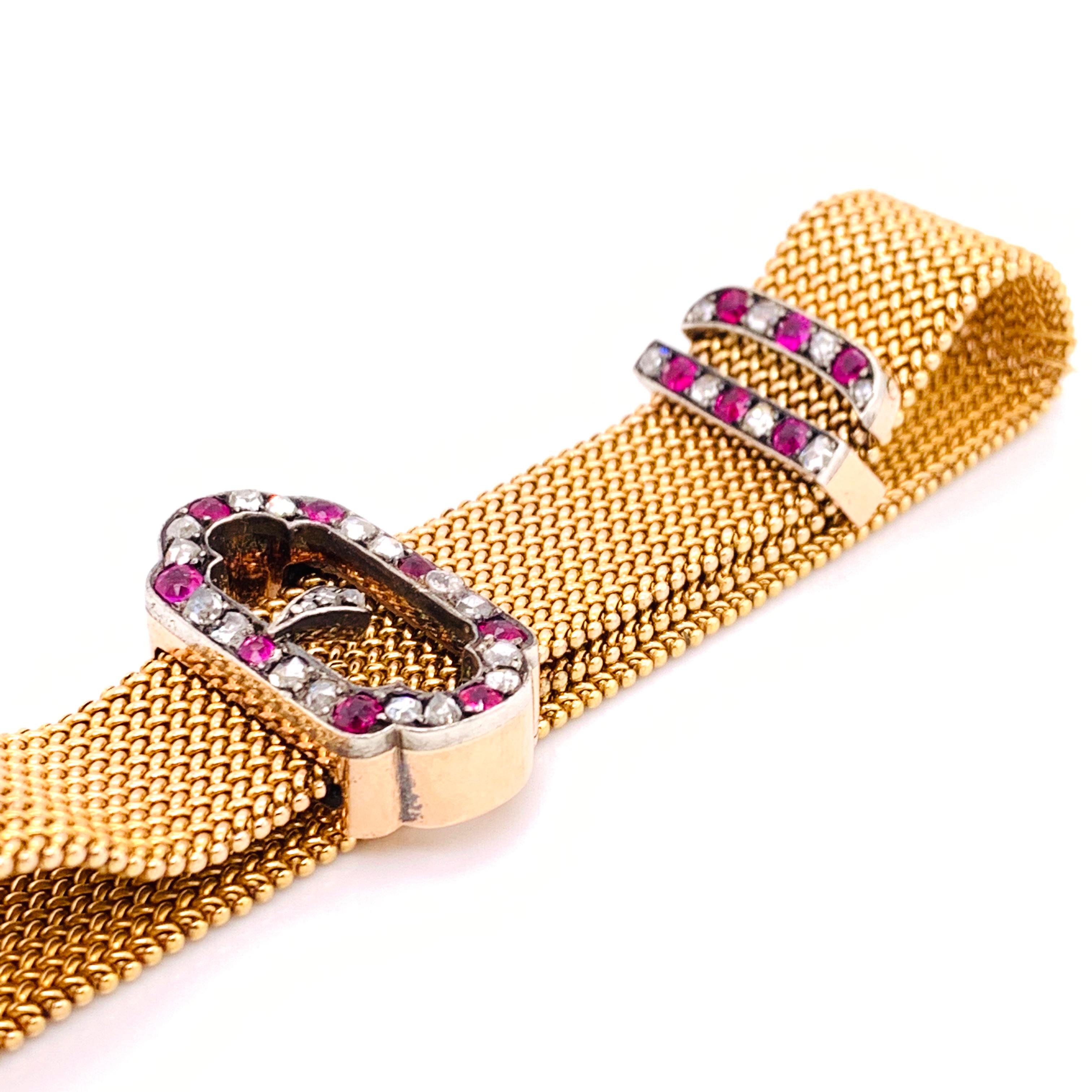 Antique Ruby Diamond Silver and Gold Buckle Bracelet, Circa 1890 In Good Condition In London, GB