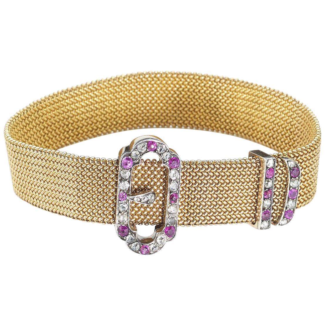 Antique Ruby Diamond Silver and Gold Buckle Bracelet, Circa 1890