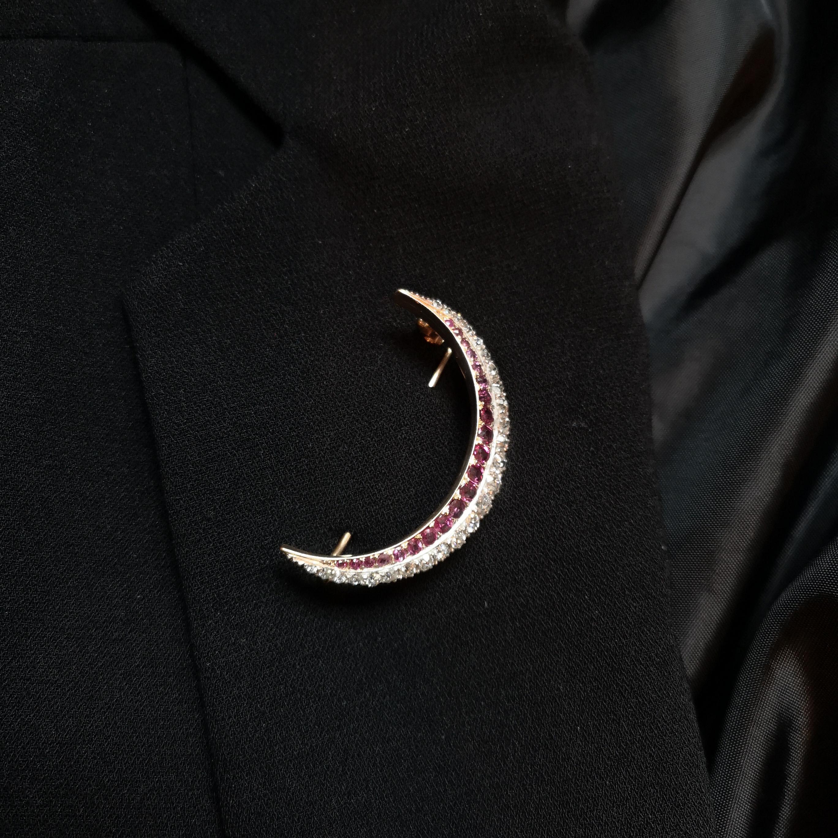 Antique Ruby, Diamond, Silver and Gold Crescent Brooch, Circa 1890 In Good Condition In London, GB