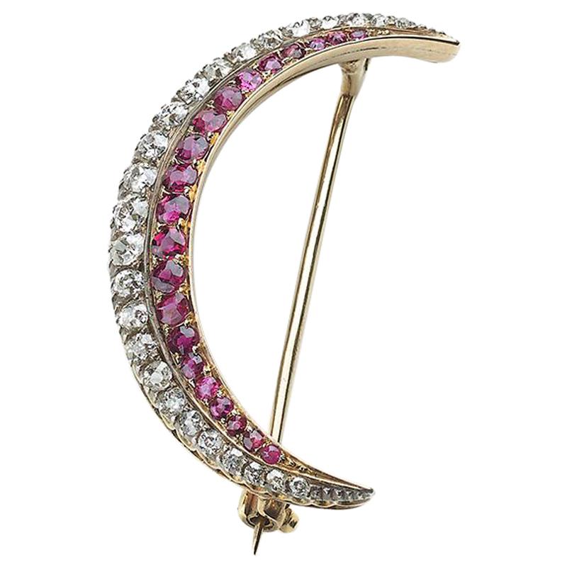 Antique Ruby, Diamond, Silver and Gold Crescent Brooch, Circa 1890
