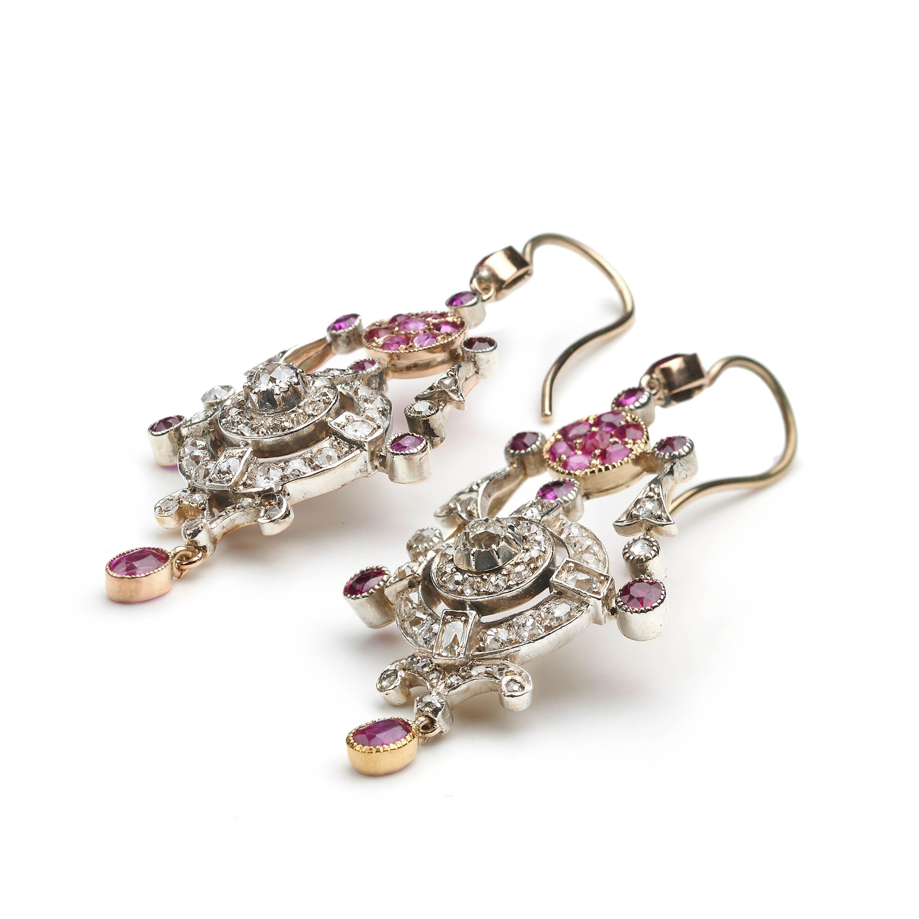 Victorian Antique Ruby, Diamond, Silver And Gold Drop Earrings, Circa 1880 For Sale