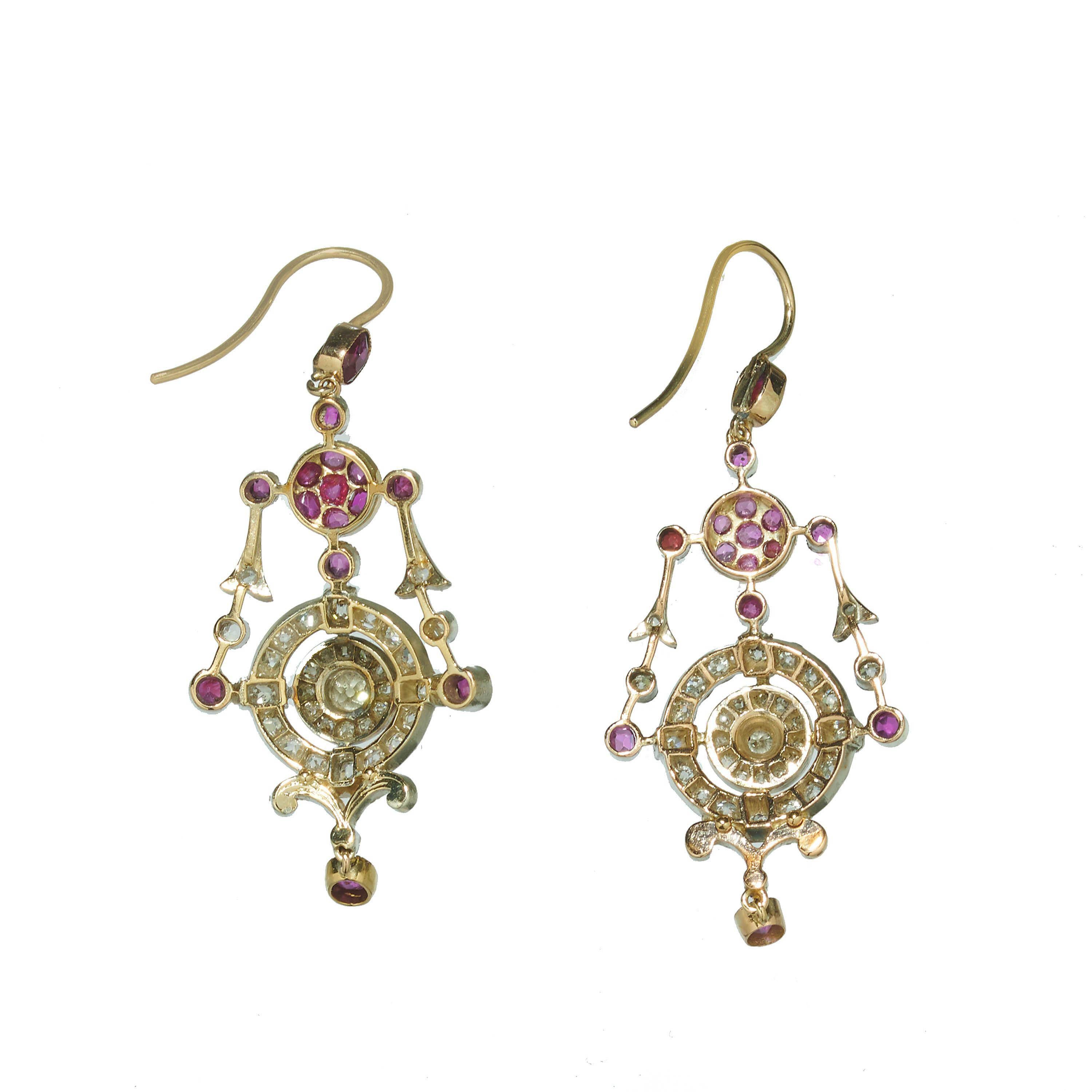 Antique Cushion Cut Antique Ruby, Diamond, Silver And Gold Drop Earrings, Circa 1880 For Sale