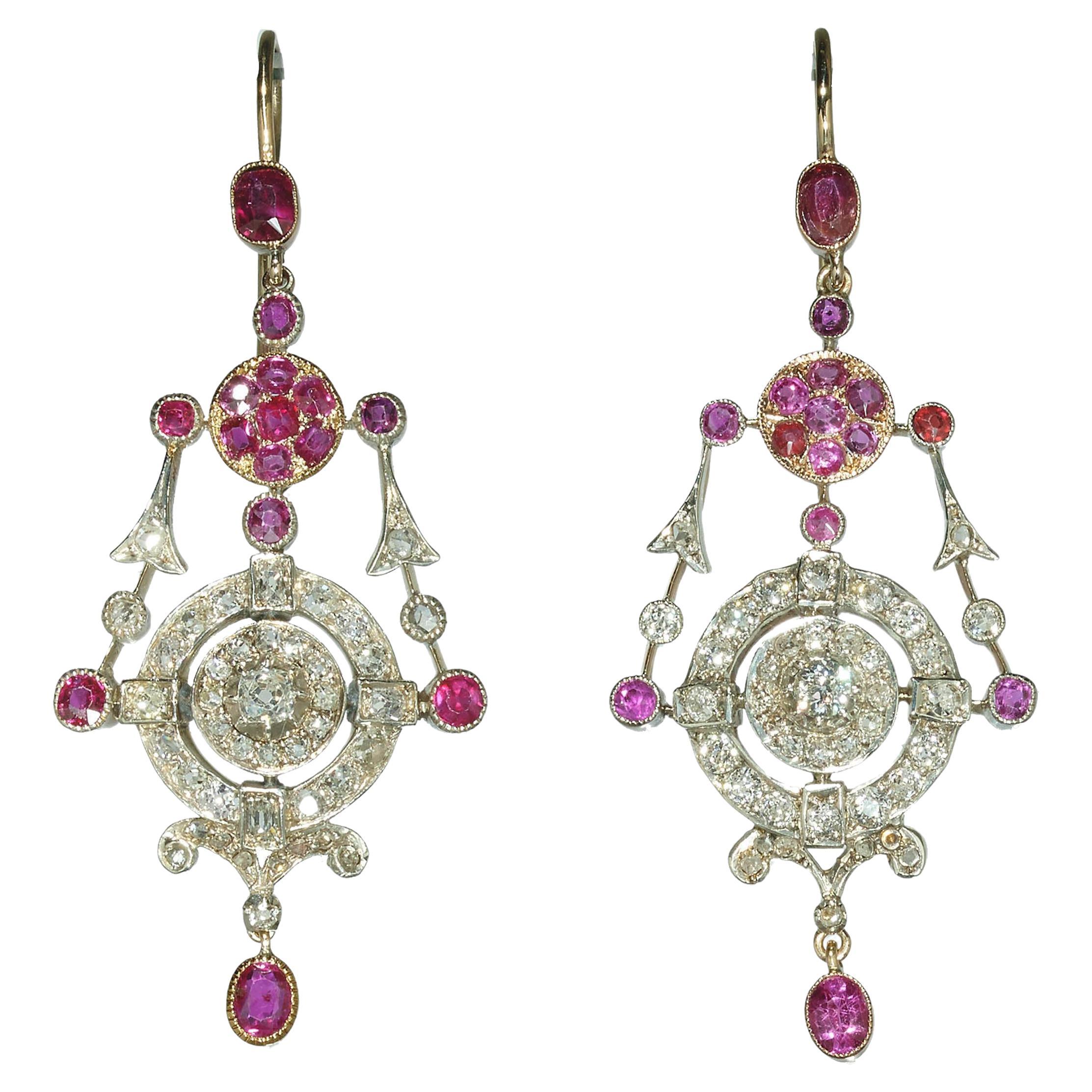 Antique Ruby, Diamond, Silver And Gold Drop Earrings, Circa 1880 For Sale
