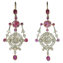 Pendientes antiguos de rubí, diamante, plata y oro, circa 1880