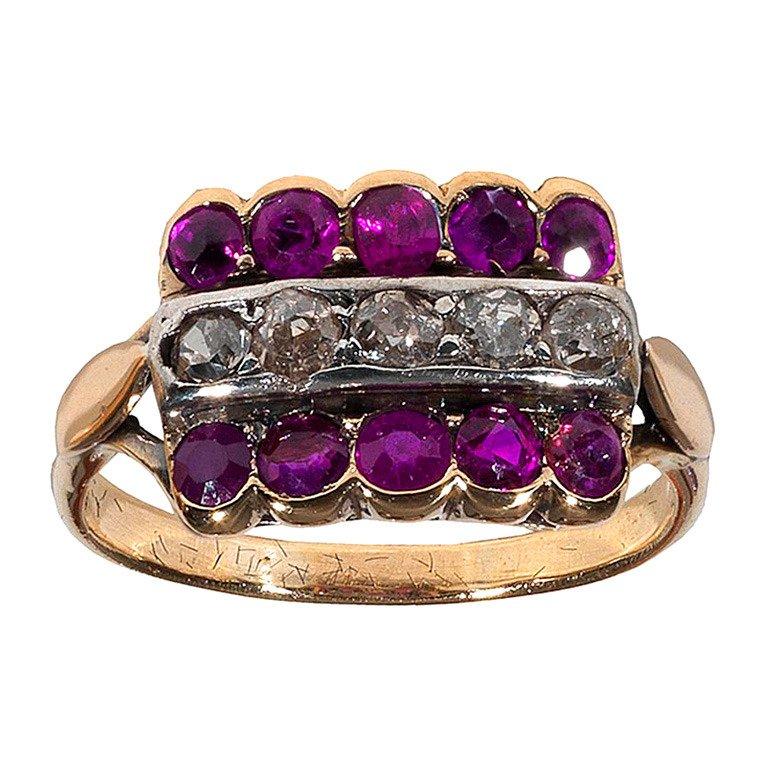 Art Deco Antique Ruby Diamond Silver Gold Ring For Sale