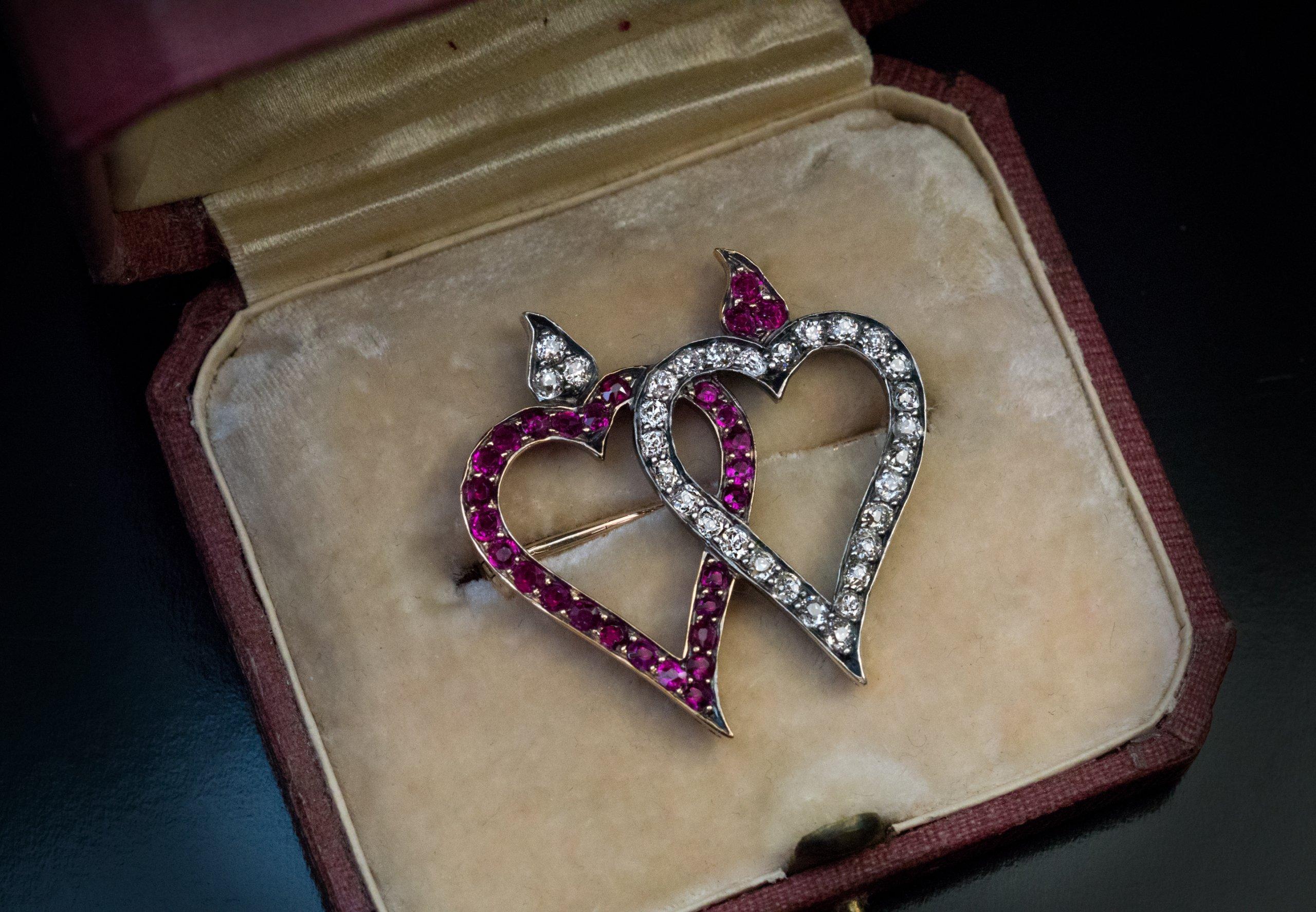 Old Mine Cut Antique Ruby Diamond Twin Heart Brooch For Sale