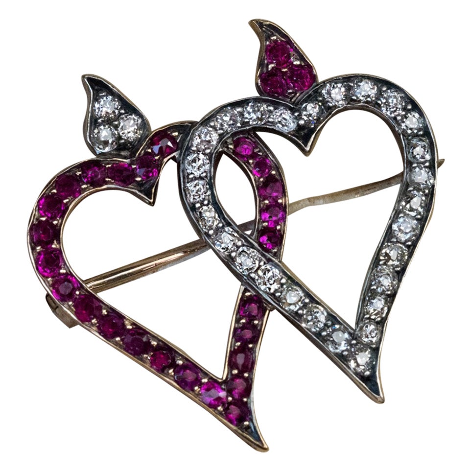Antike Rubin-Diamant-Twin-Herz-Brosche