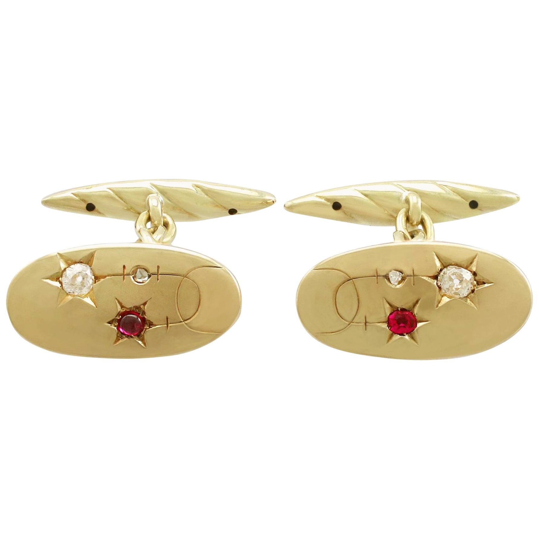 Antique Ruby Emerald and Diamond Yellow Gold Cufflinks For Sale
