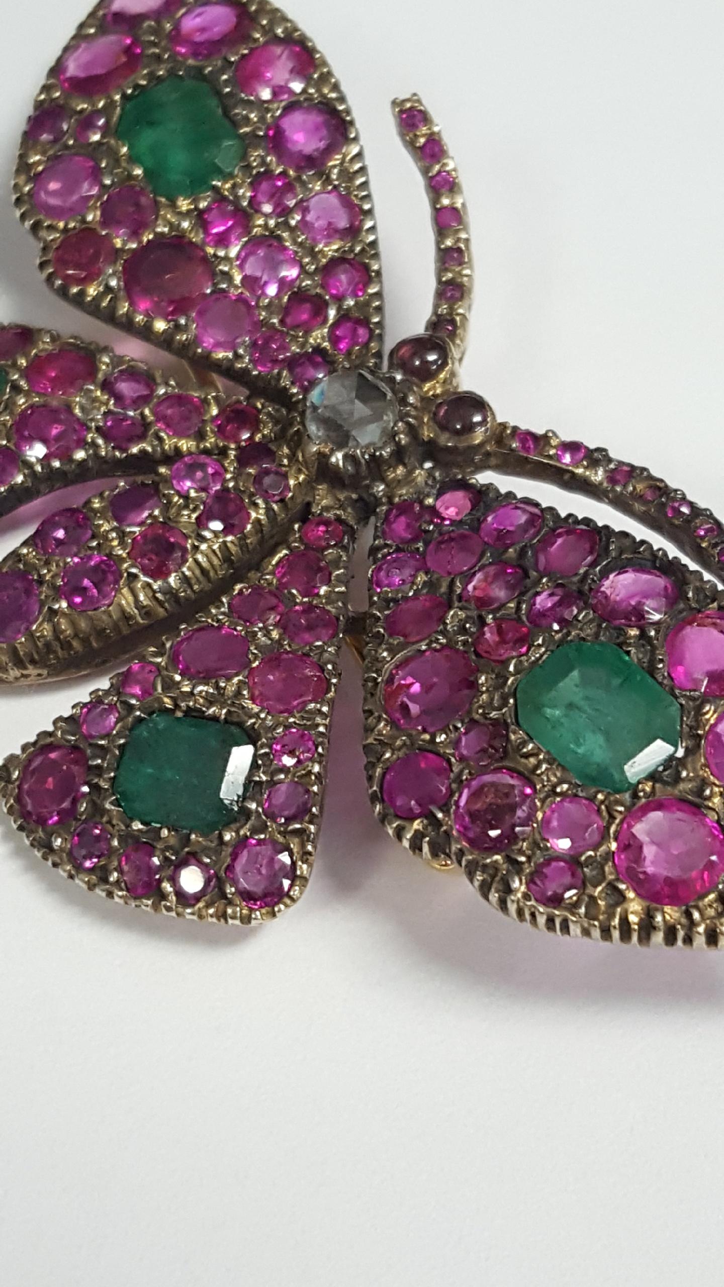 Rose Cut Antique Ruby, Emerald, Diamond Butterfly Brooch For Sale