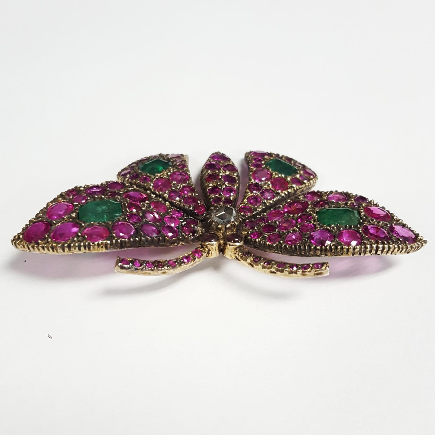Women's Antique Ruby, Emerald, Diamond Butterfly Brooch For Sale