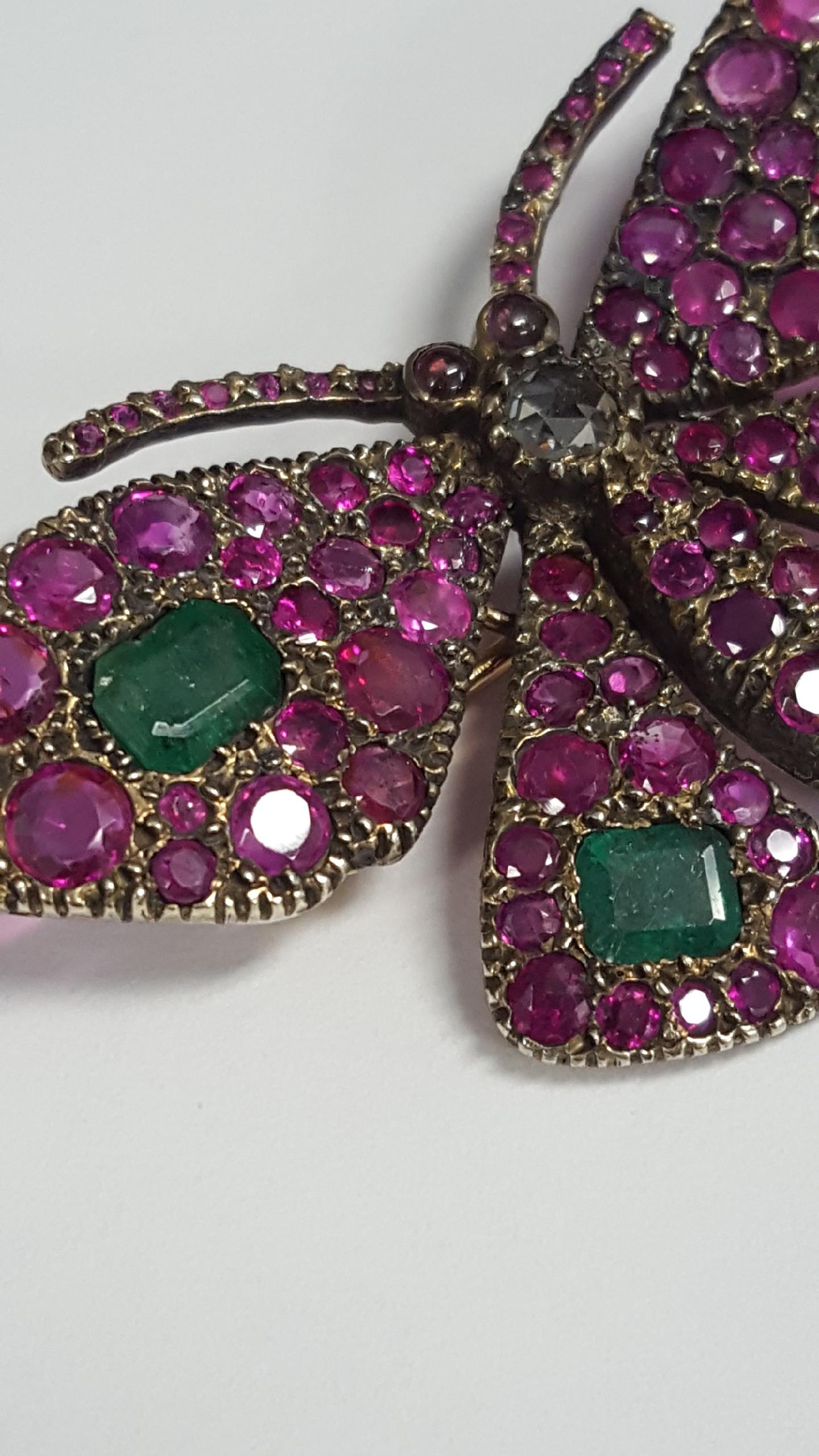 Antique Ruby, Emerald, Diamond Butterfly Brooch For Sale 1