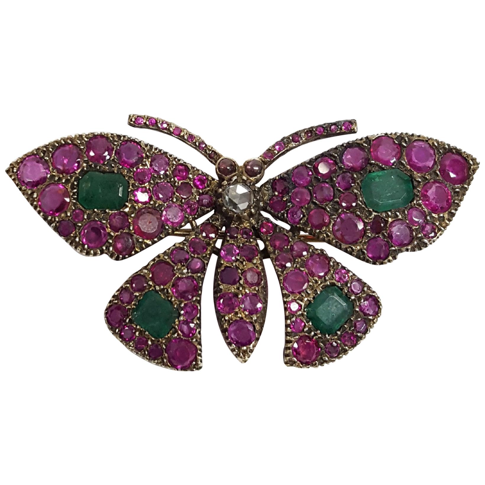 Antique Ruby, Emerald, Diamond Butterfly Brooch For Sale