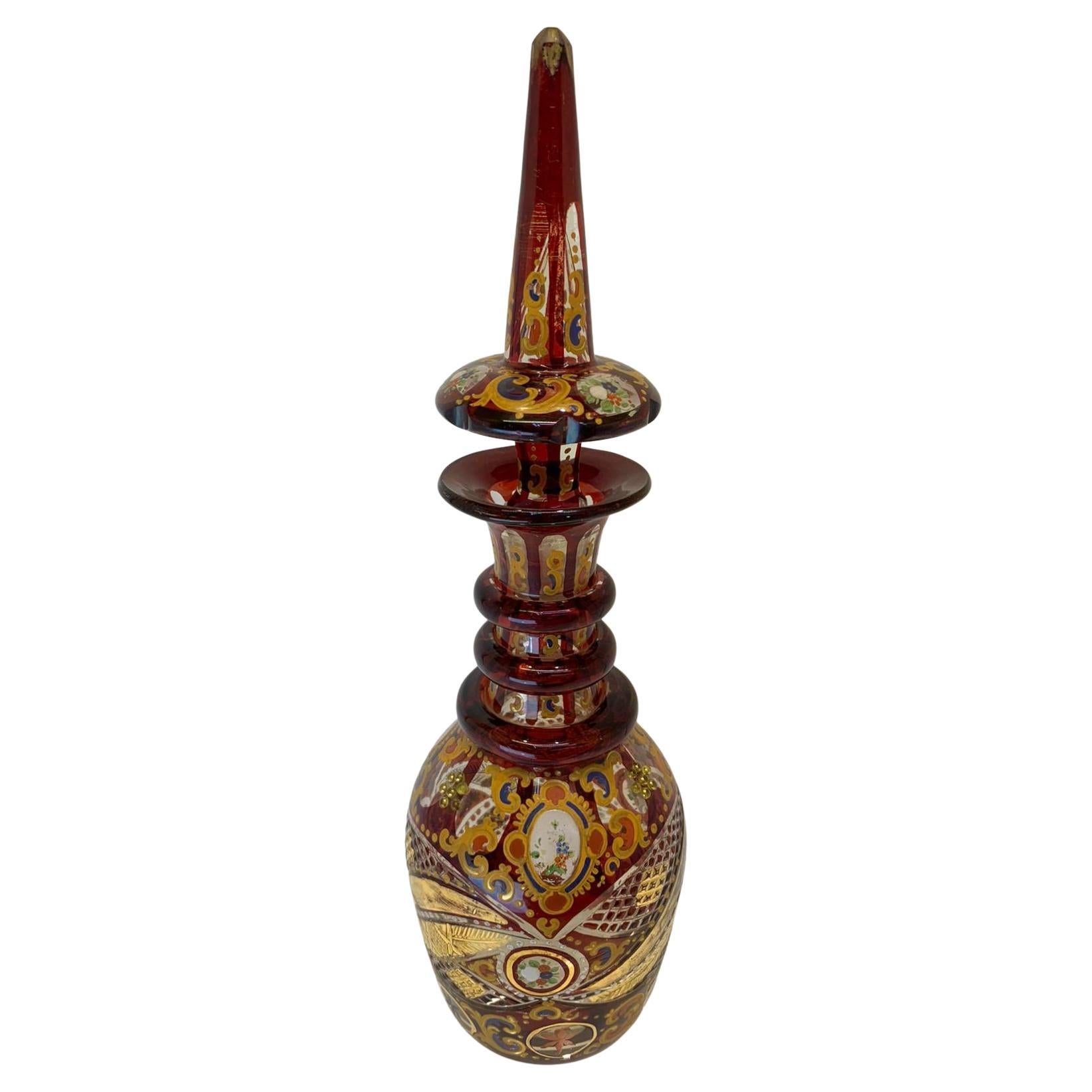 Antique Ruby Enamelled Glass Decanter, Bohemian for Islamic Market, 19th Century In Good Condition For Sale In Rostock, MV