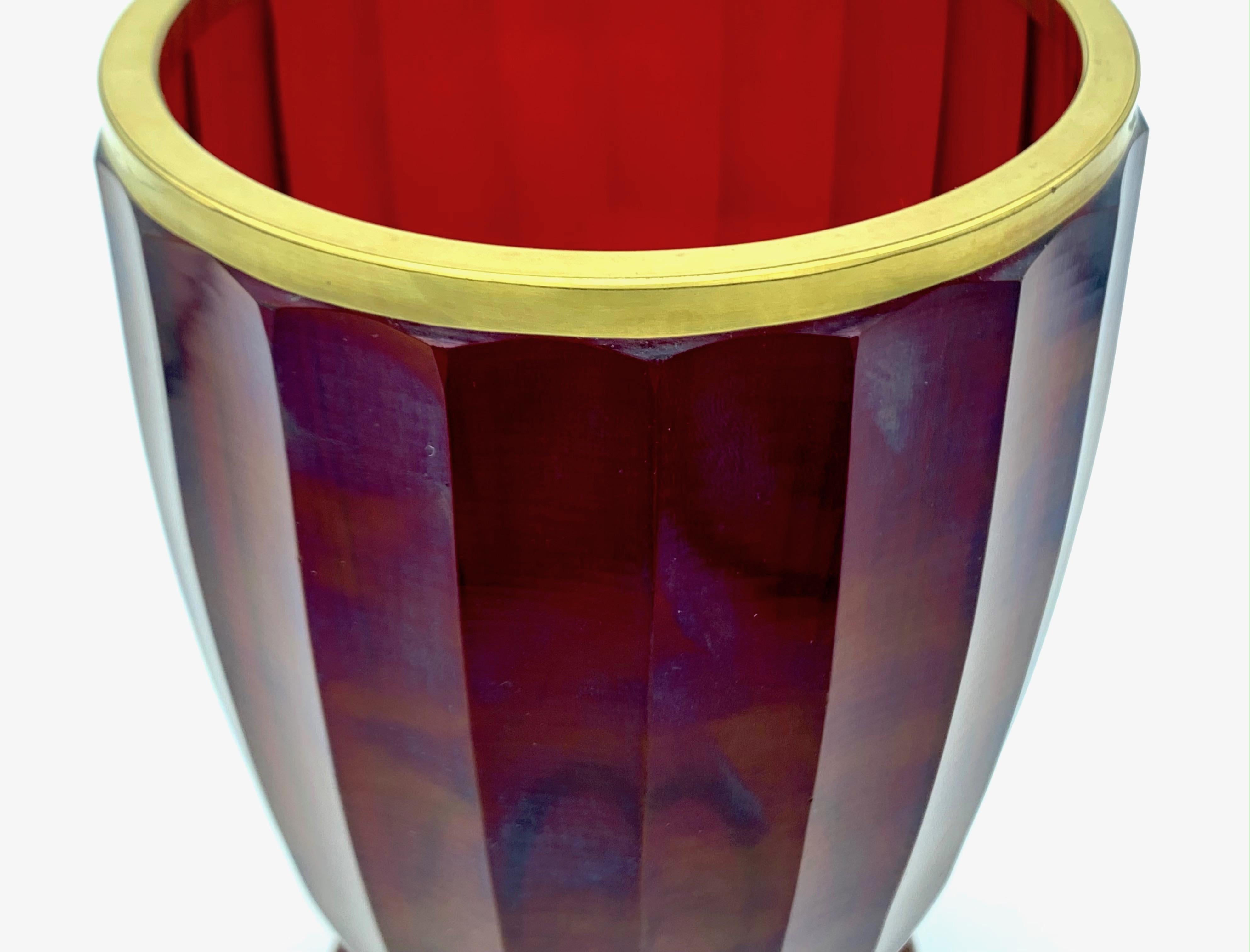Austrian Antique Ruby Faceted Glass Beaker with Gold Rim For Sale