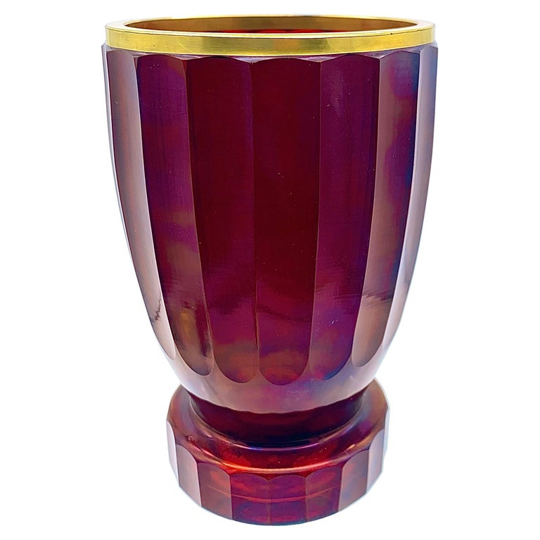 Antique Ruby Faceted Glass Beaker with Gold Rim For Sale at 1stDibs