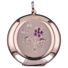 Antique Ruby Flower Locket of 14k Rose Gold