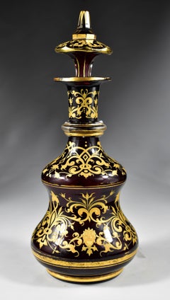 Antique Ruby Glass Decanter- Painted Gilded 19th century