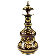 Antiguo Decantador de Vidrio Rubí - Pintado Dorado Siglo XIX
