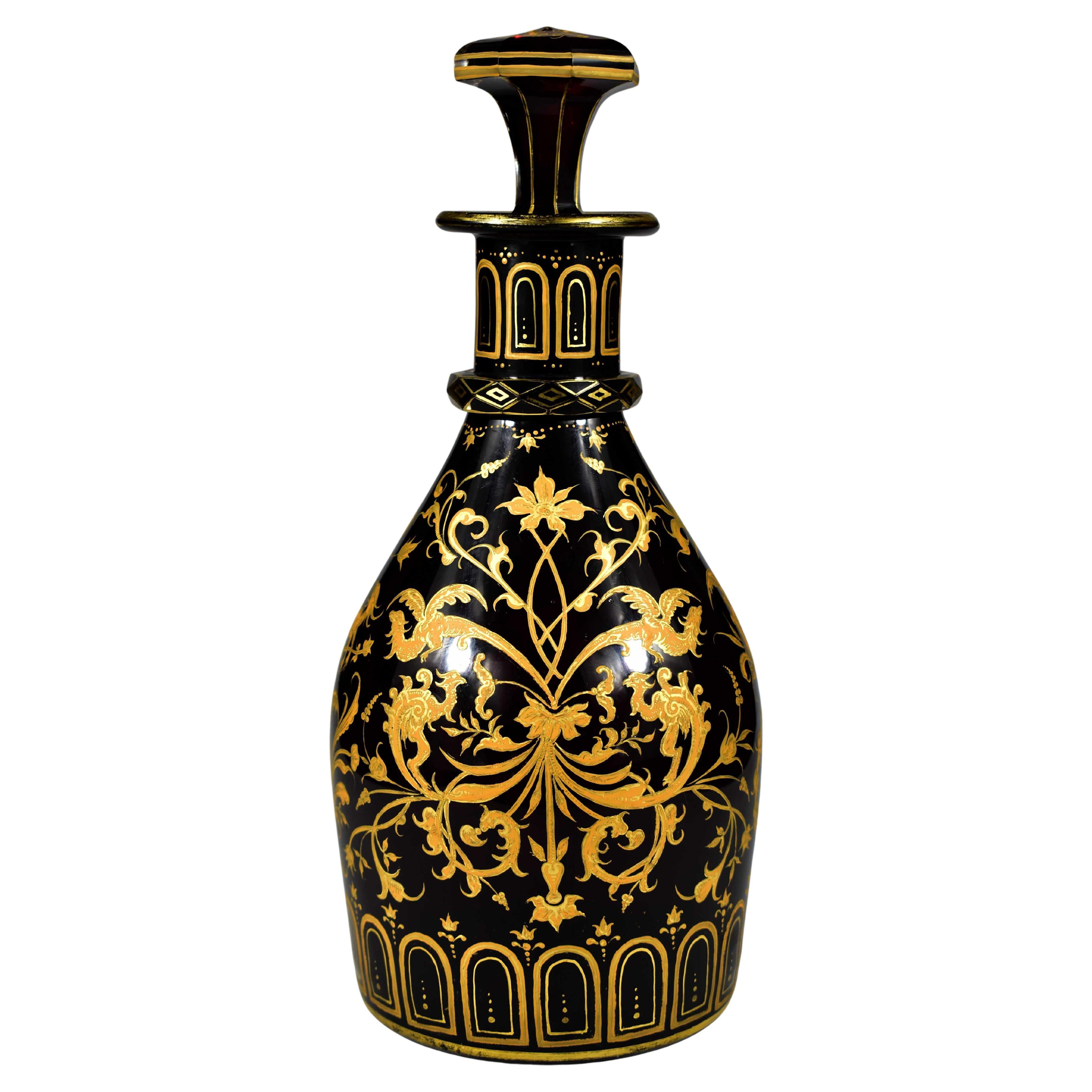 Antiguo Decantador de Vidrio Rubí - Pintado Dorado Siglo XIX
