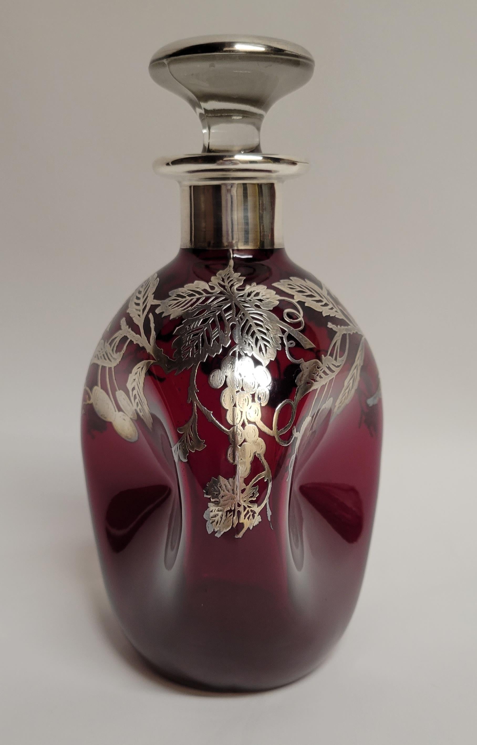English Antique Ruby Glass Decanter with Silver Overlay For Sale