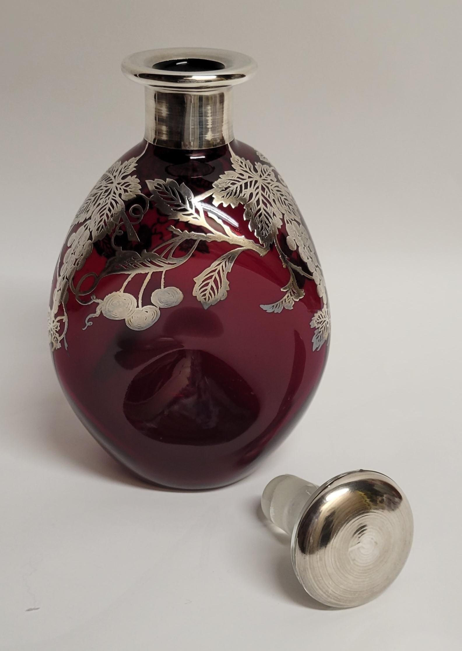 Antique Ruby Glass Decanter with Silver Overlay In Good Condition For Sale In New Orleans, LA